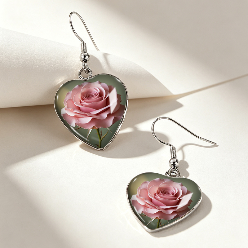 4 Pairs Pink Rose Illustration Heart-Shaped Hook Pendant Earrings